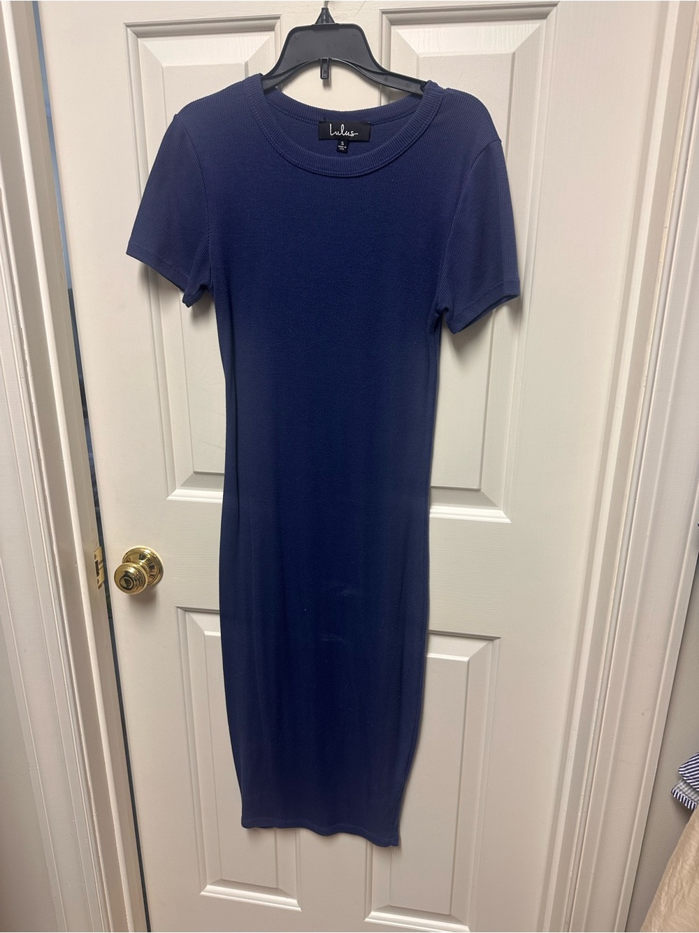Lulu's Navy Short-Sleeve Ribbed Midi Dress